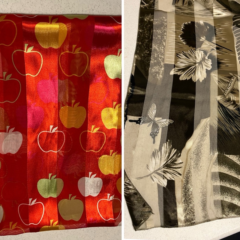 Bundle of (2) Silky Scarves - One in Red Apple Pattern, One in Dk Grey Grn-NWOT